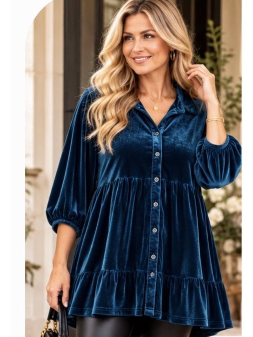 Teal Velvet Tunic Top SZ X-Large Tiered Babydoll Button Front Balloon Sleeve